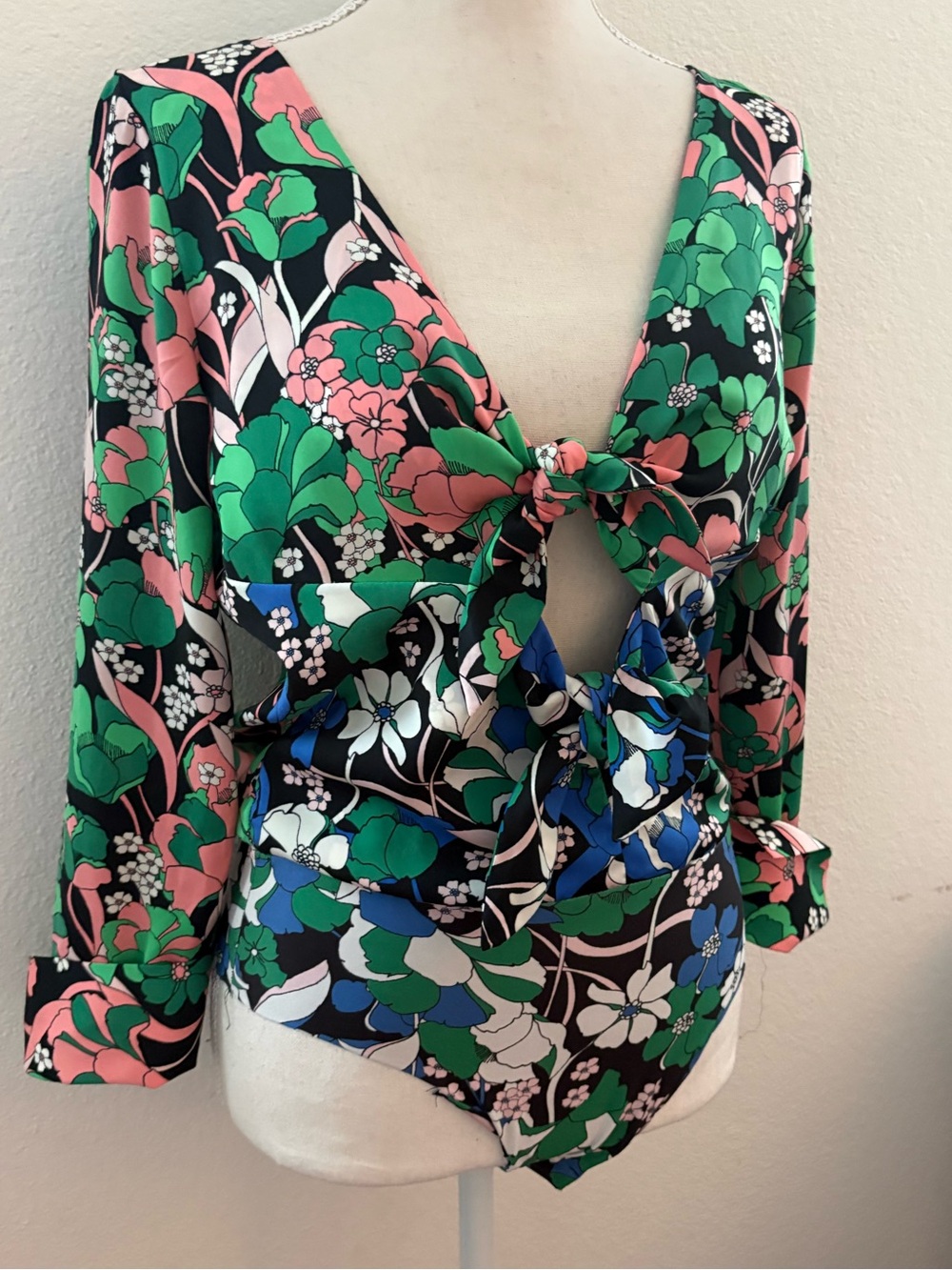Zara Floral Tie-Front V-Neck Bodysuit in Black, Green & Pink